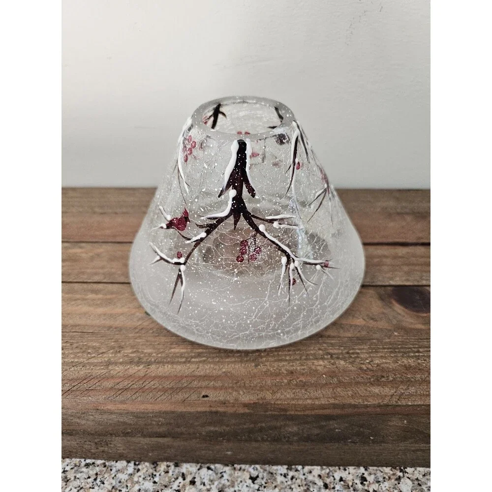 Yankee Candle Winter Branches Candle Shade Crackle Glass Berries Cardinal New